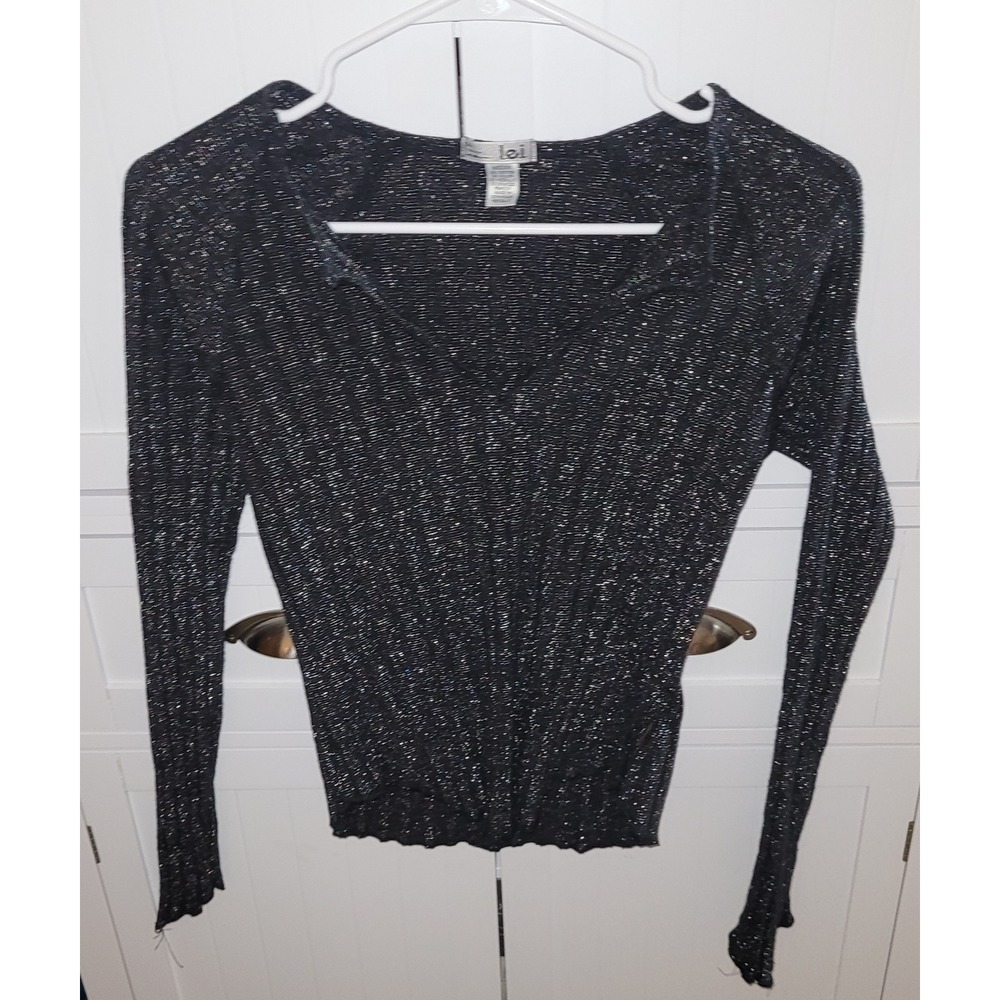 lei Vintage Y2K Black Silver Metallic Ribbed Knit‎ V-Neck Long Sleeve Top Medium